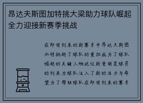 昂达夫斯图加特挑大梁助力球队崛起全力迎接新赛季挑战