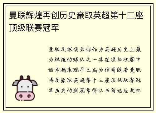 曼联辉煌再创历史豪取英超第十三座顶级联赛冠军 曼联辉煌再创历史豪取英超第十三座顶级联赛冠军